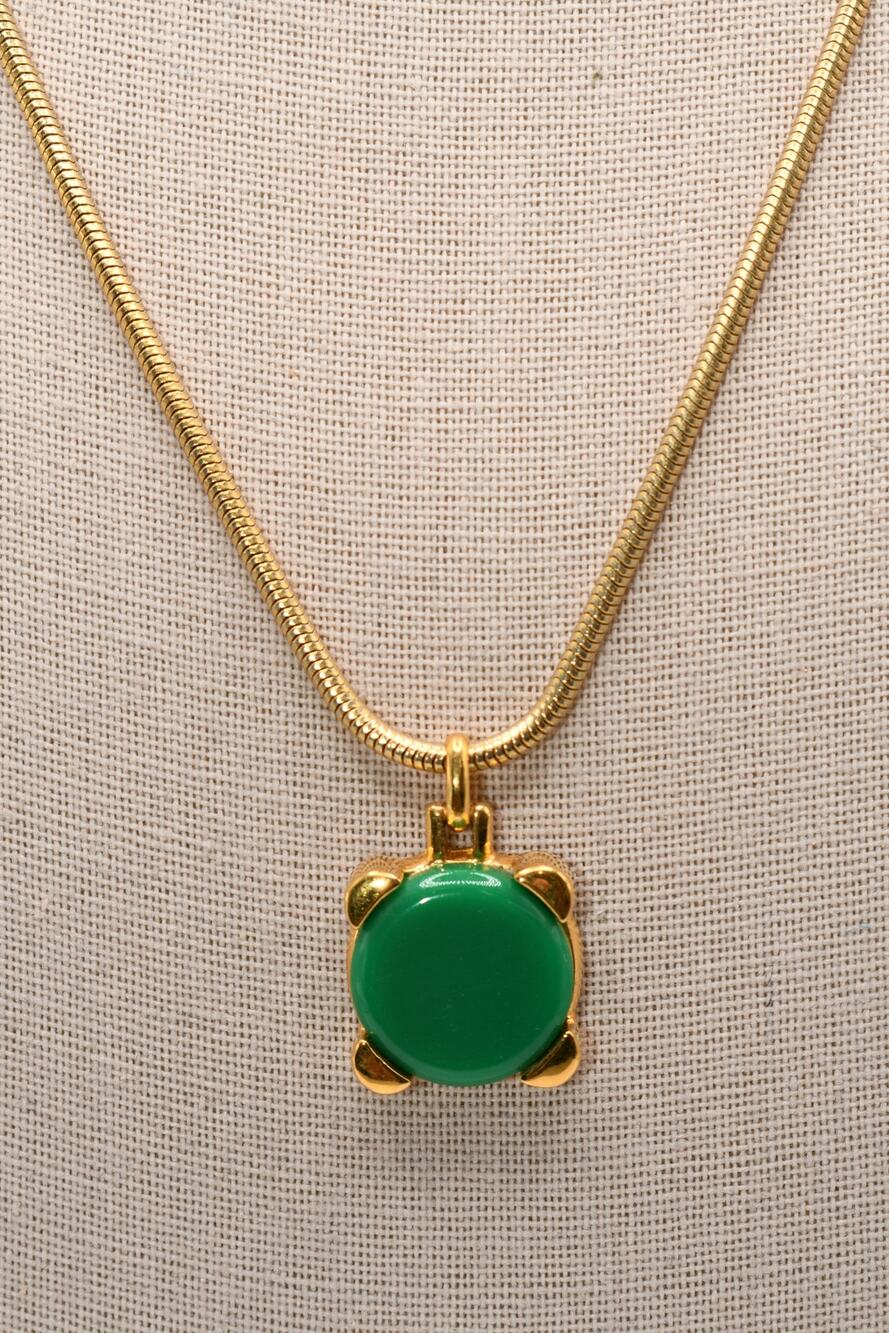 Vintage Chanter Japan Green Lucite Pendant Necklace Gold Snake Chain